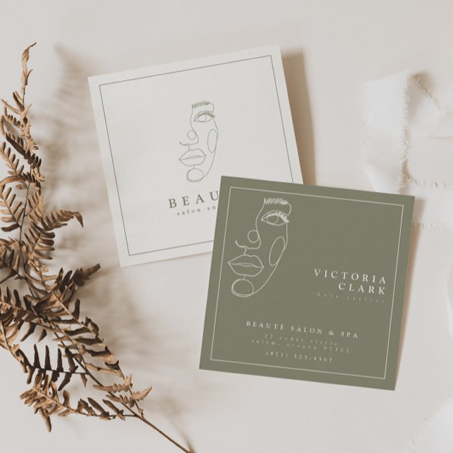 Modern Minimalist Ivory/Olive Salon Square Business Card (Creator Uploaded)