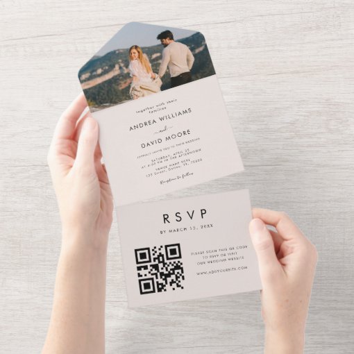 Modern Minimalist Ivory Photo QR Code Chic Wedding All In One ...