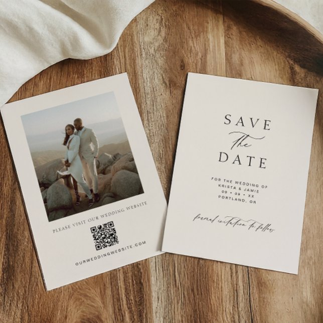 Modern Minimalist Ivory QR Code Photo Wedding Save The Date (Creator Uploaded)