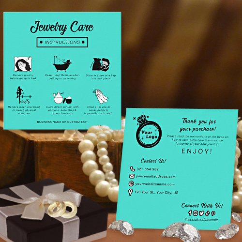 Modern Minimalist Jewelry Care Instructions Teal Enclosure Card