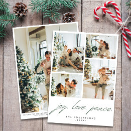 Modern Minimalist Joy Love Peace 5 Photo Green Holiday Card