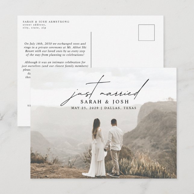 Modern Minimalist Just Married Photo Wedding Annou Announcement Postcard (Front/Back)