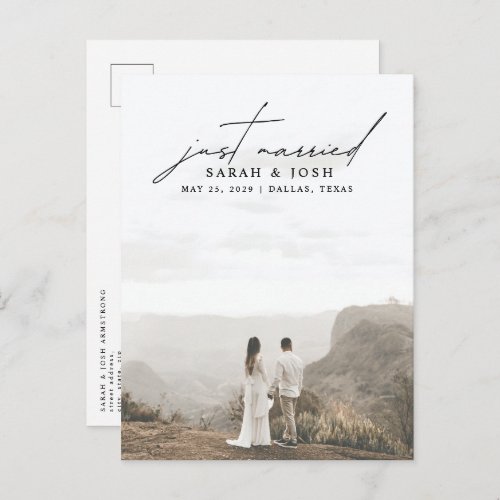 Modern Minimalist Just Married Photo Wedding Announcement Postcard