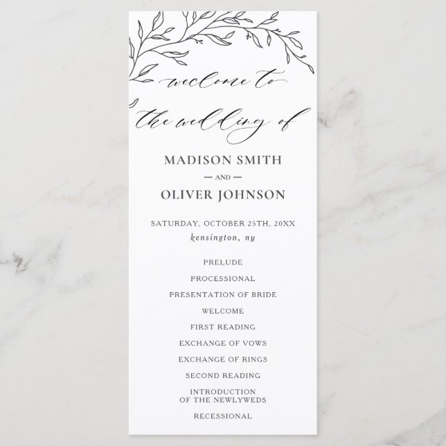 Modern Minimalist Laurel Branch Wedding Program (Front)