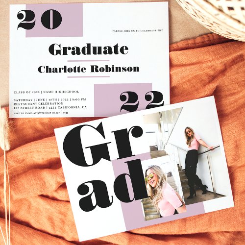 Modern minimalist lavender 2 photos graduation invitation