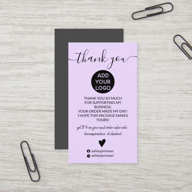 Modern minimalist lavender purple order thank you business card | Zazzle