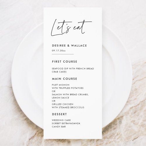 Modern minimalist Lets eat wedding menu card