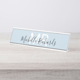 Modern minimalist light blue name monogram desk name plate