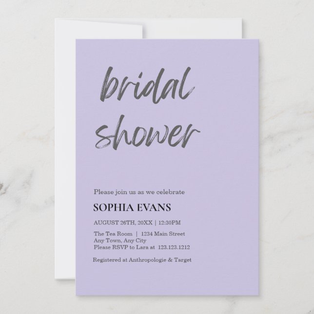 Modern Minimalist Light Purple Bridal Shower Invitation (Front)