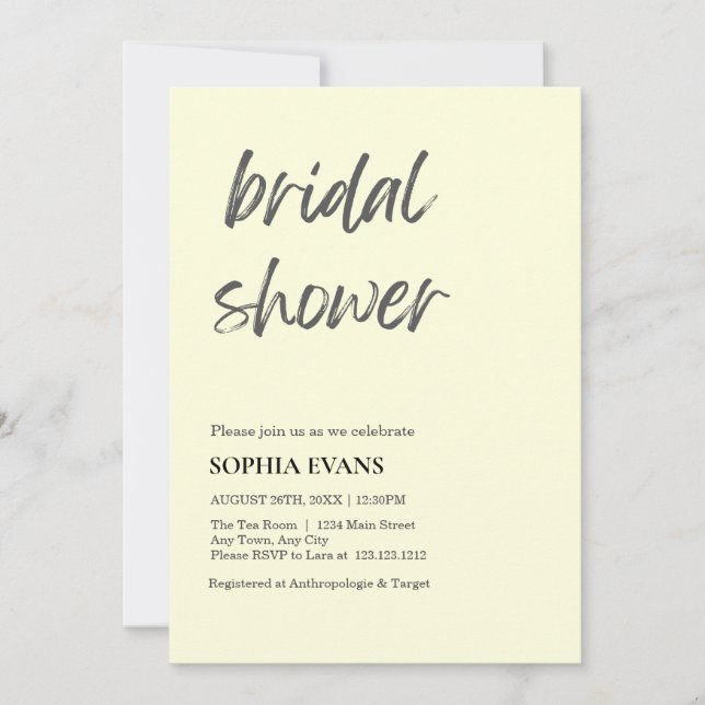 Modern Minimalist Light Yellow Bridal Shower Invitation (Front)