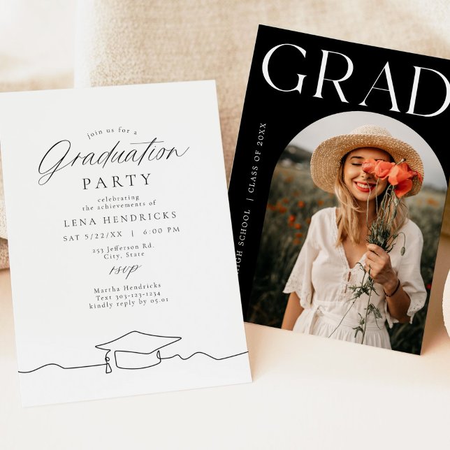 Modern Minimalist Line Art Graduation Party Invitation (Creator Uploaded)