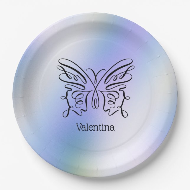 Modern Minimalist Line Drawing Butterfly Monogram  Paper Plates (Front)
