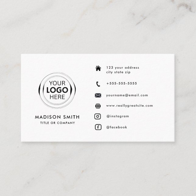 Modern Minimalist Logo | Custom Icons Social Media Business Card (Front)