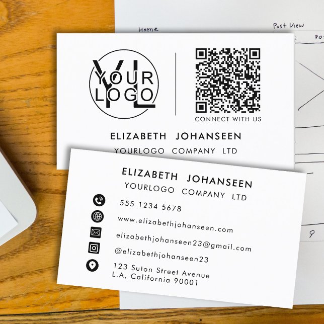 Modern Minimalist Logo QR Code Black and White Business Card (Creator Uploaded)