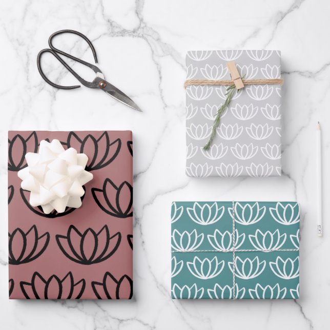 Modern Minimalist Lotus Flower Pattern Wrapping Paper Sheets (Front)