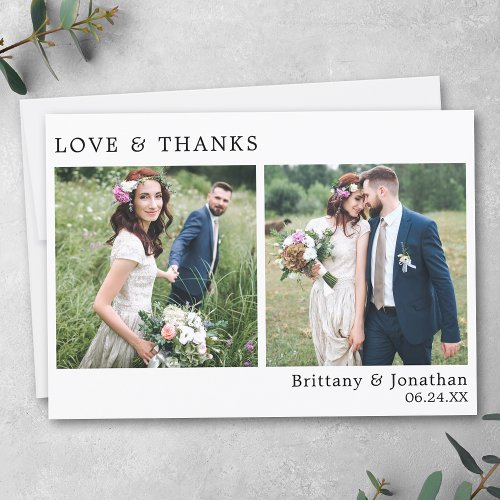 Modern Minimalist Love and Thanks Wedding 2 Photo Thank You Card