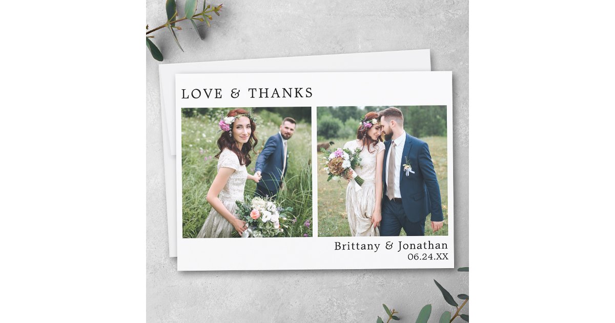 Modern Minimalist Love and Thanks Wedding 2 Photo Thank You Card | Zazzle