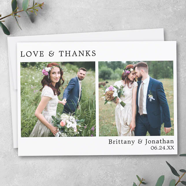 Modern Minimalist Love and Thanks Wedding 2 Photo Thank You Card | Zazzle