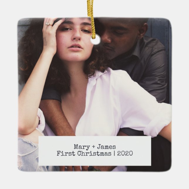 Modern Minimalist Love Engaged Wedding Photo Ceramic Ornament (Front)