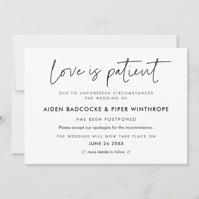 Modern minimalist Love is patient wedding update Invitation (Front)
