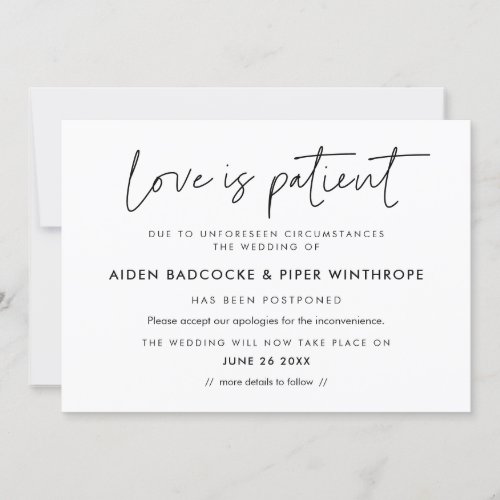 Modern minimalist Love is patient wedding update Invitation