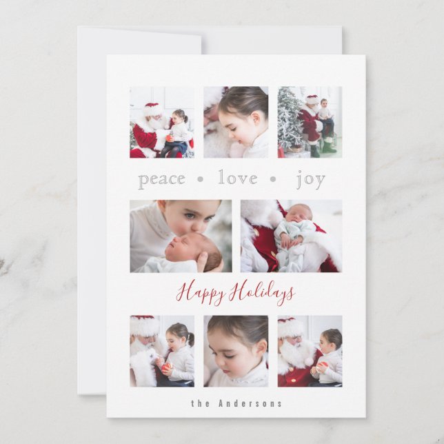 Modern Minimalist Love Joy Peace Multi-Photo Holiday Card (Front)