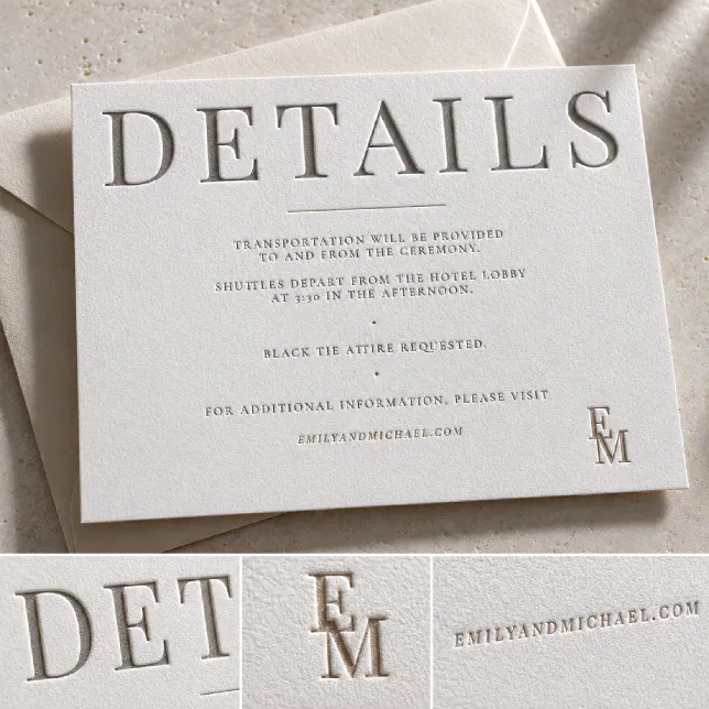 A letterpress details card sits on top of a concrete table. There are smaller zoomed-in snapshots of the letterpress printing also!