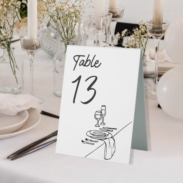 Modern Minimalist Luxury Wedding Hand-Drawn  Table Tent (Elegant wedding table number card with hand-drawn table setting—perfect for any modern celebration!)