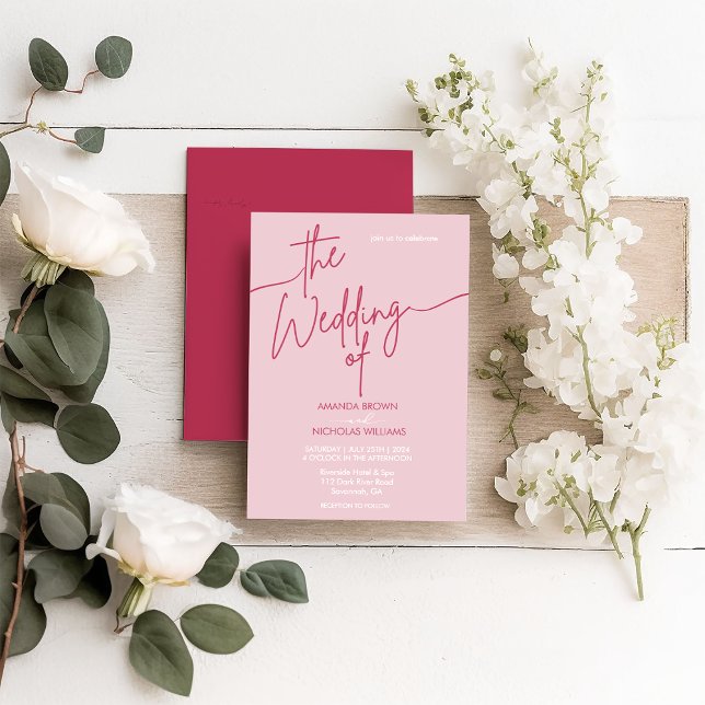 Modern Minimalist Magenta Red and Pink Wedding Invitation (Creator Uploaded)