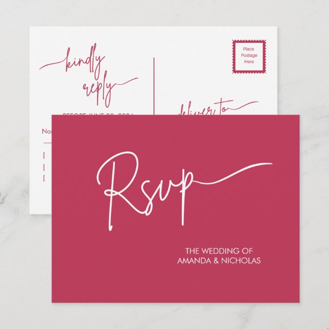 Modern Minimalist Magenta Red and White RSVP  Postcard (Front/Back)