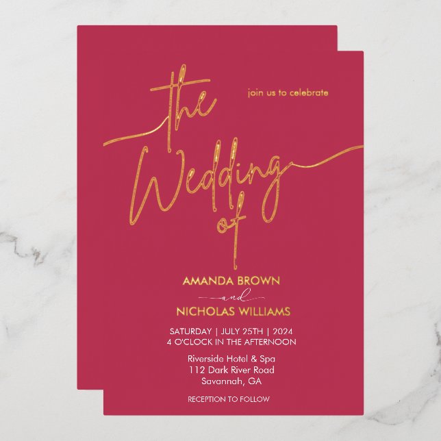 Modern Minimalist Magenta Red Wedding Foil Invitation (Front/Back)