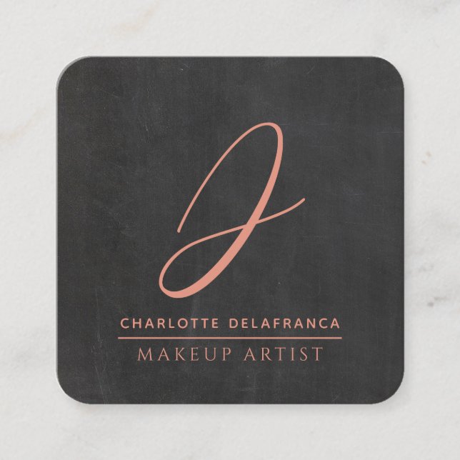 Modern Minimalist Makeup Artist Monogram Black Square Business Card (Front)