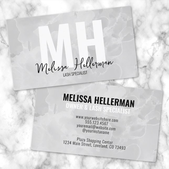 Modern Minimalist Marble Gray Monogram Business Card (Modern Minimal Marble Watercolor Gray Monogram Business Card)