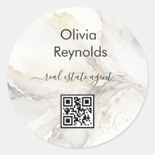 Modern Minimalist Marble Texture Neutral QR Code Classic Round Sticker