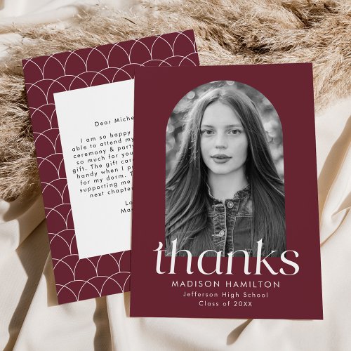 Modern Minimalist Maroon Arch Photo Graduation Thank You Card