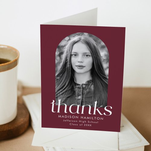 Modern Minimalist Maroon Arch Photo Graduation Thank You Card