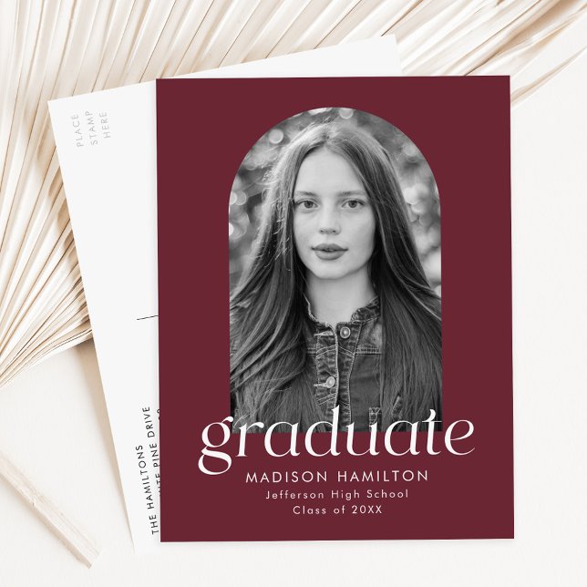Modern Minimalist Maroon Photo Graduation Party Invitation Postcard (Creator Uploaded)