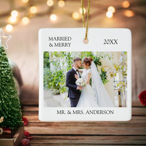 Modern Minimalist Married Merry Photo Wedding Ceramic Ornament