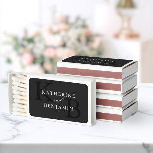 Modern Minimalist Matte Black Monogram Wedding Matchboxes