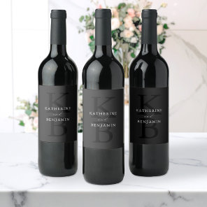 Modern Minimalist Matte Black Monogram Wedding Wine Label