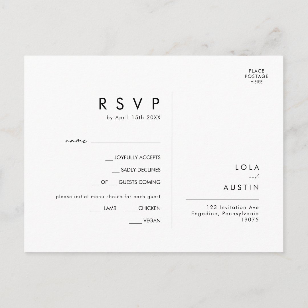 Modern Minimalist Menu Choice RSVP Card | Zazzle