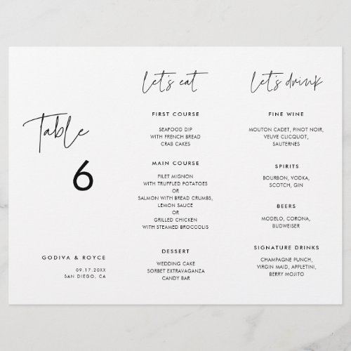 Modern Minimalist Menu  Table number trifold