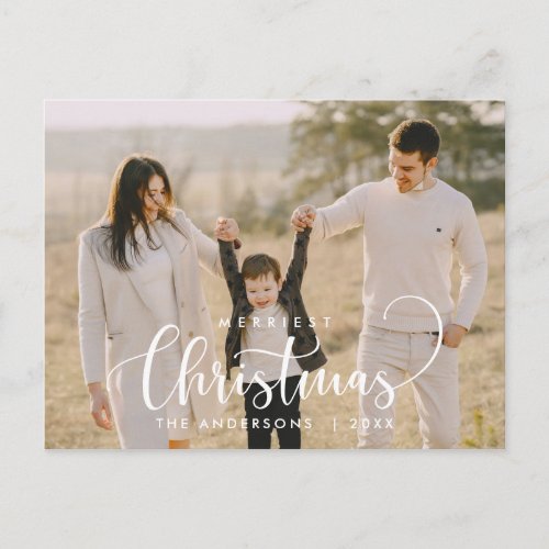 Modern Minimalist Merriest Christmas Family Photo Postcard