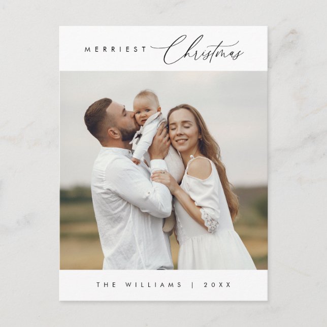 Modern Minimalist, Merriest Christmas Family Photo Postcard (Front)