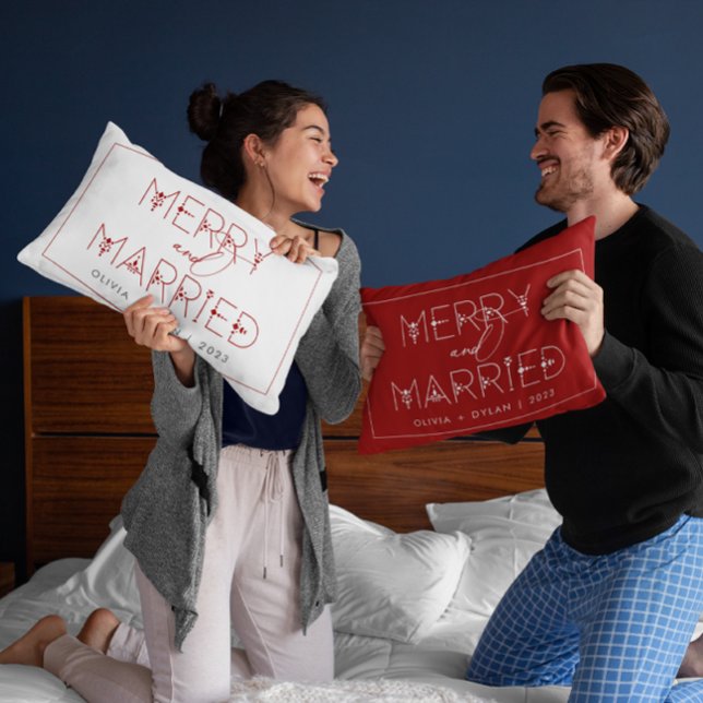 Modern Minimalist Merry and Married Newlywed Lumbar Pillow (Creator Uploaded)