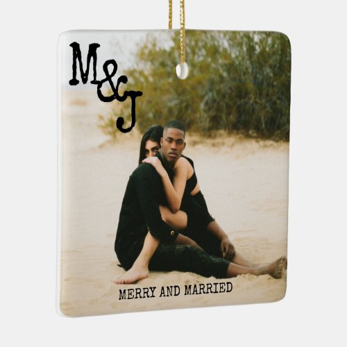 Modern Minimalist Merry and Married Photo Ceramic Ornament
