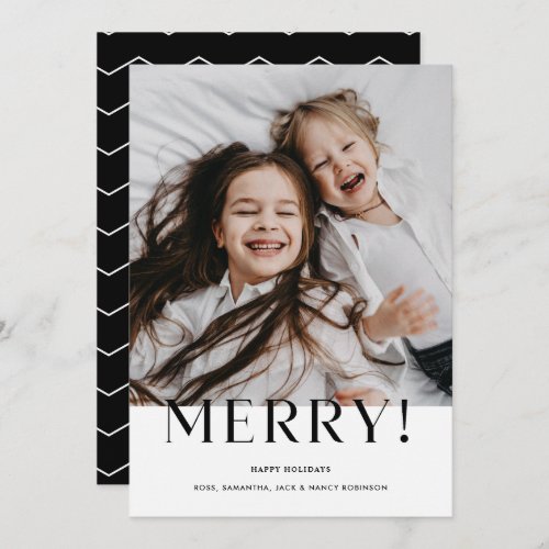 Modern Minimalist Merry Black and White Photo Holiday Card