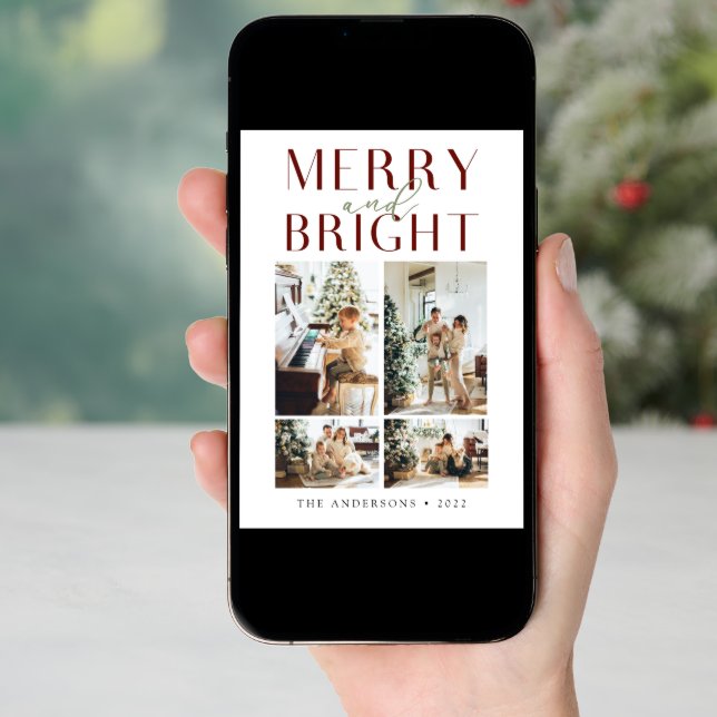 Modern Minimalist Merry & Bright Four Photo Holiday Card (Front Digital)