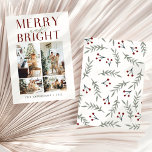 Modern Minimalist Merry & Bright Four Photo Holiday Card<br><div class="desc">An elegant and chic holiday card featuring a script lettering saying “merry and bright” and four customizable photos at the front with watercolor cherries and leaves pattern at the back. Perfect as a personalized Christmas holiday card to send to your family,  friends and loved ones.</div>