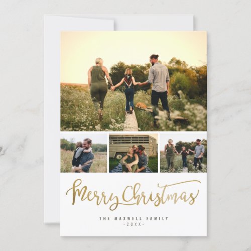 Modern Minimalist Merry Christmas 4 Photo Collage Holiday Card